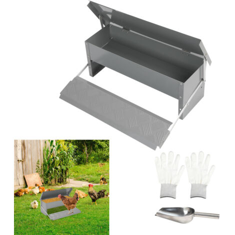 SWANEW Mangiatoia automatica con pedale antiscivolo, 5 kg, con guanti e cucchiaio, previene gli sprechi, acciaio zincato con guanti e cucchiaio