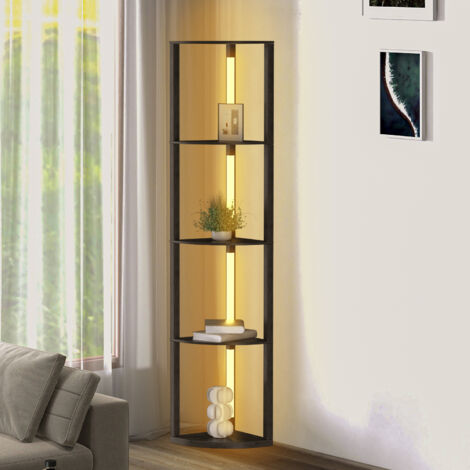 SWANEW Mensola per lampada da tavolo, 4 ripiani in legno, LED dimmerabile, 163 cm con telecomando, nero