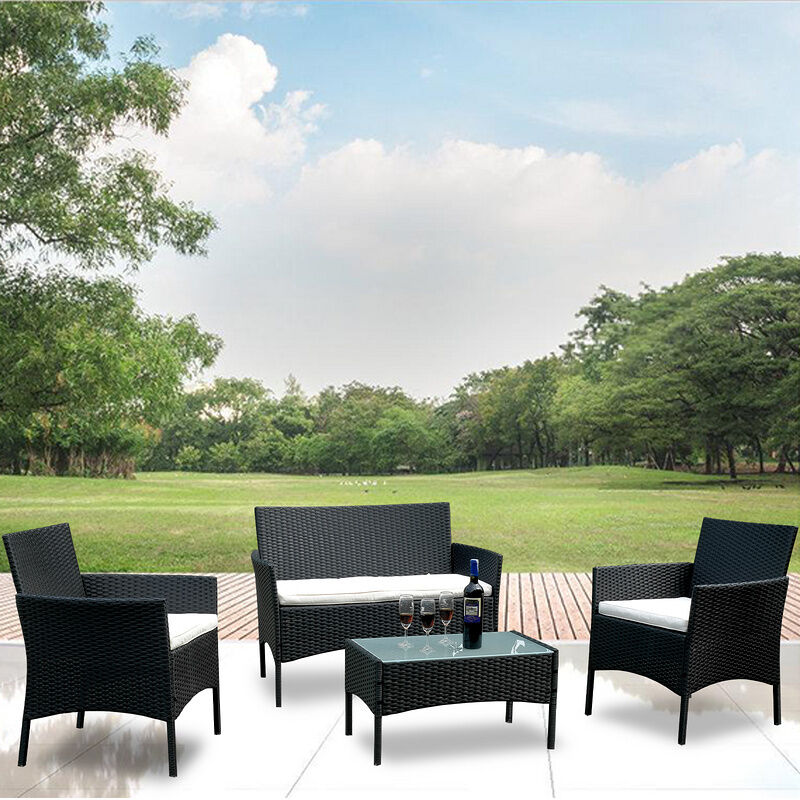 Ensemble de canapés en rotin 4 pièces, Salon de Jardin Extérieur, pour Terrasse, Jardin, Balcon Noir