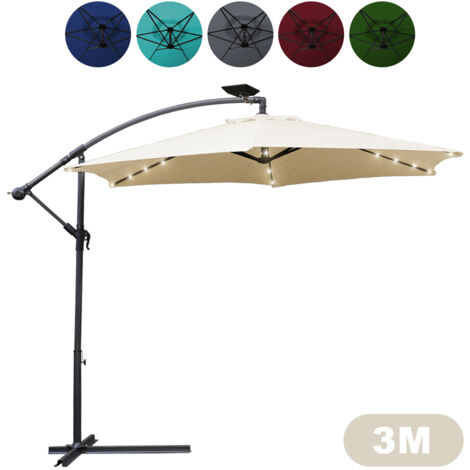SWANEW Ombrellone con LED 300 cm beige - con manovella e supporto - protezione UV idrorepellente pieghevole - ombrellone da spiaggia ombrellone da mercato