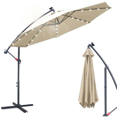 SWANEW Ombrellone con LED 350 cm Ombrellone da giardino Ombrellone da balcone rotondo Funzione di inclinazione Idrorepellente 360° girevole Beige