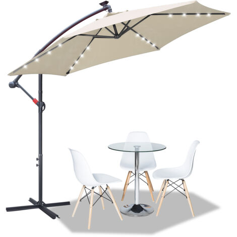 SWANEW Ombrellone con LED, ombrellone da giardino con 8 montanti, ombrellone inclinabile, ombrellone per giardino, spiaggia, piscina e bar 350 cm Beige