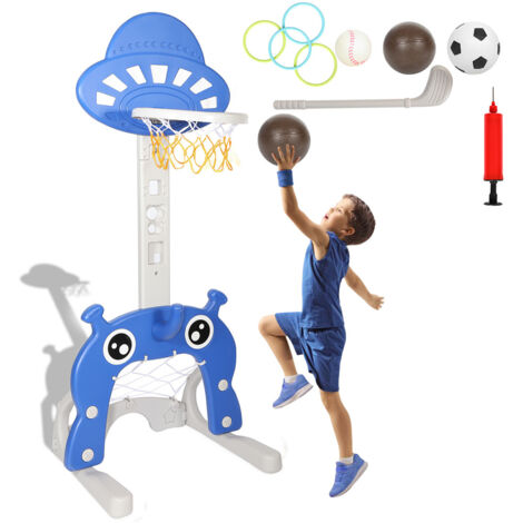 SWANEW Panier de Basket Enfant 4 en 1 Pied de basket Réglable en hauteur jeu de basketball avec but de football Golf Anneau de lancer
