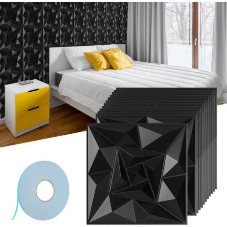 SWANEW Pannello murale 3D da dipingere - confezione da 1,08 m² - lotto di 12 pezzi -  0,3x0,3 m - Nero - Con nastro biadesivo