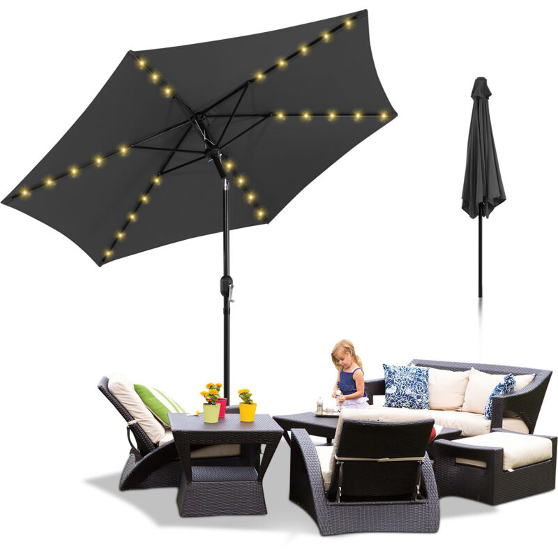 Parasol - parasol jardin, parasol deporté, parasol de balcon - 270 cm Gris, Parasol de plage, vec 36 led Solaire