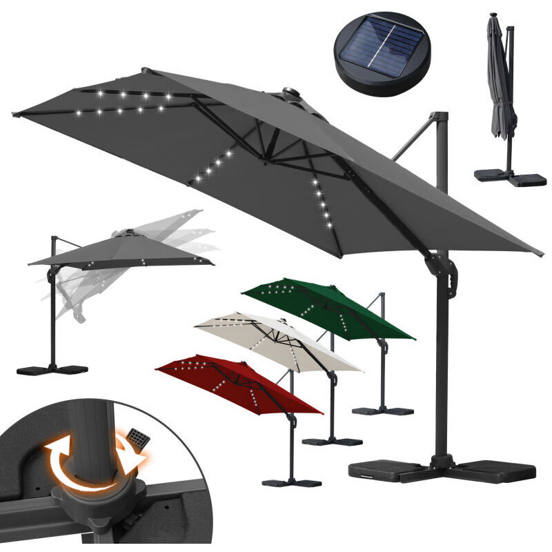 Parasol jardin déporté, Parasol Parapluie - Alu - 360° rotatif - 3 x 3 m - avec led - Gris - Swanew