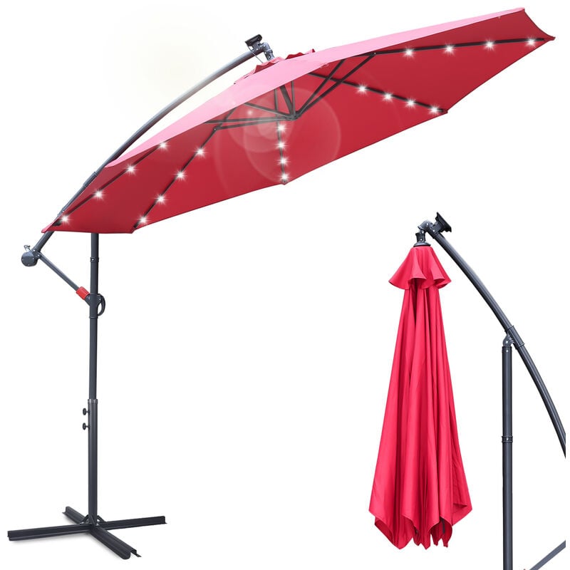 Parasol avec led 350 cm avec protection uv 30+ Manivelle Pliable Alu Rond Balcon Terrasse Parasol de marché Manivelle Rouge