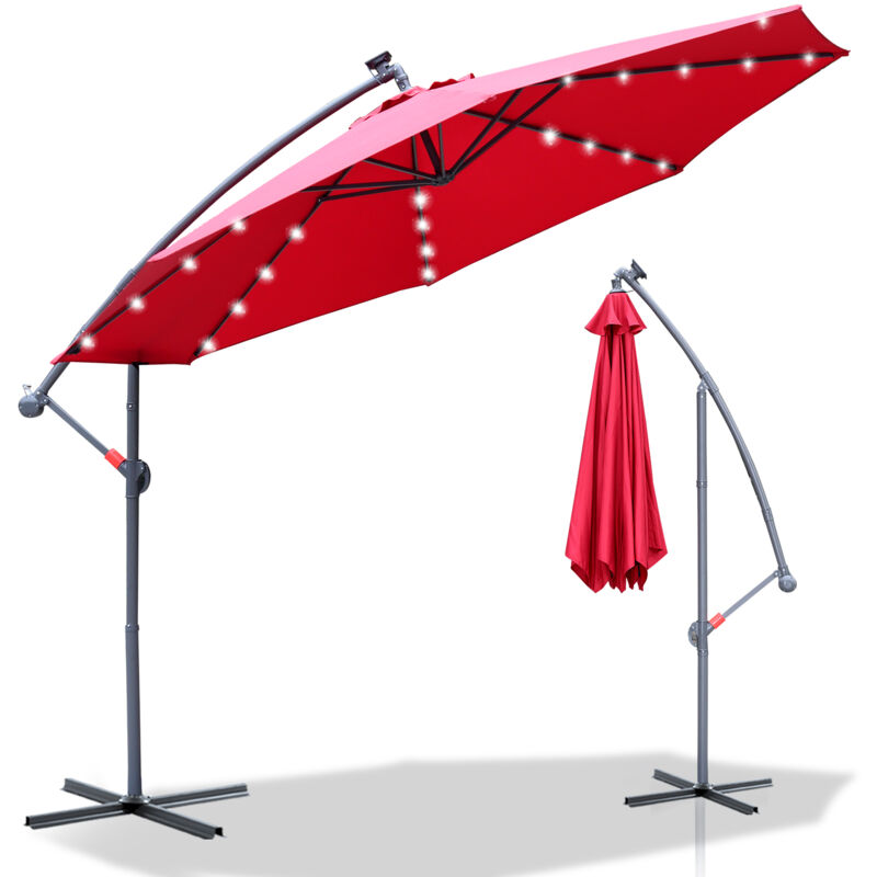 Parasol avec led avec manivelle résistant aux intempéries 300 cm x 300 cm acier polyester rouge