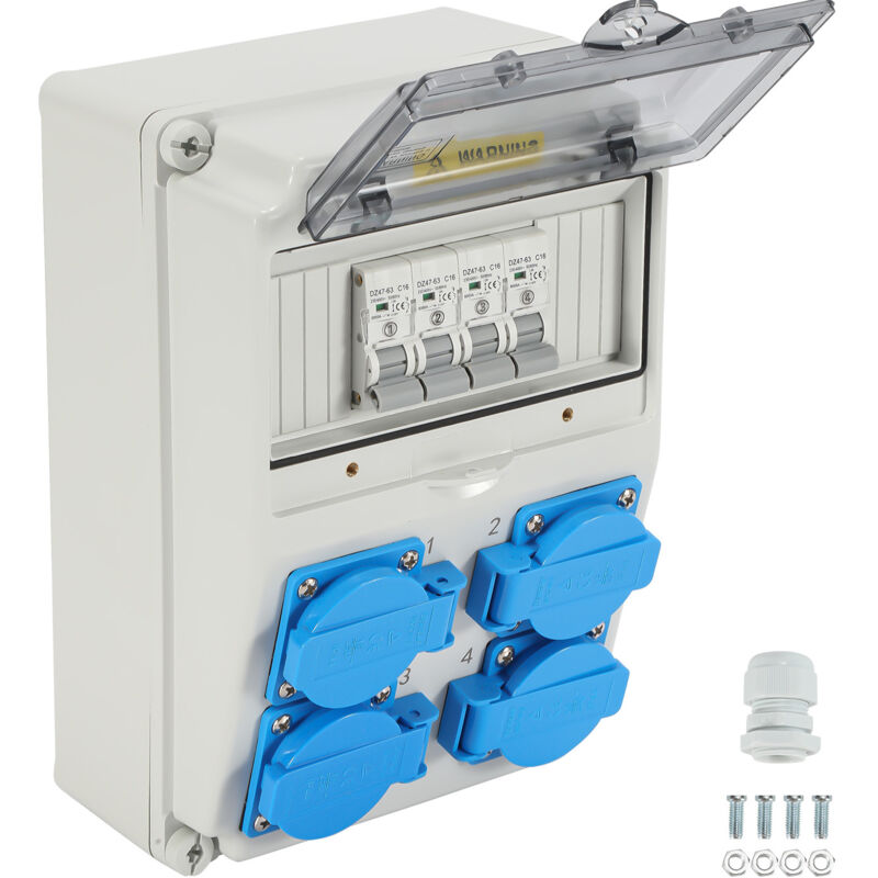 Einfeben Coffret De Chantier Répartiteur de courant de construction, répartiteur mural avec disjoncteur, 4 prises Schuko et prise cee 16 a,