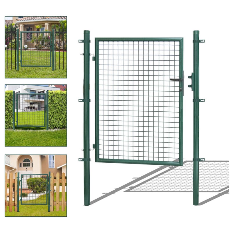 Portillon de jardin Clôture avec serrure et poignée portail en Acier Galvanisé Revêtement en poudre Vert Poteau rond 125x100cm - Swanew