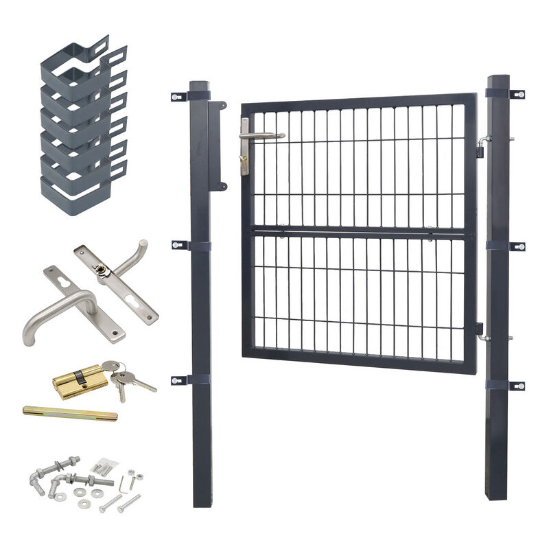 Portillon de Jardin Grillagé, en Acier Galvanisé, Clôture avec Serrure, Porte 120 x 100cm, Gris - Swanew