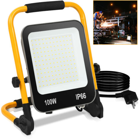 SWANEW Proiettore LED con treppiede giallo. proiettore esterno con presa faretto illuminazione di sicurezza 100W