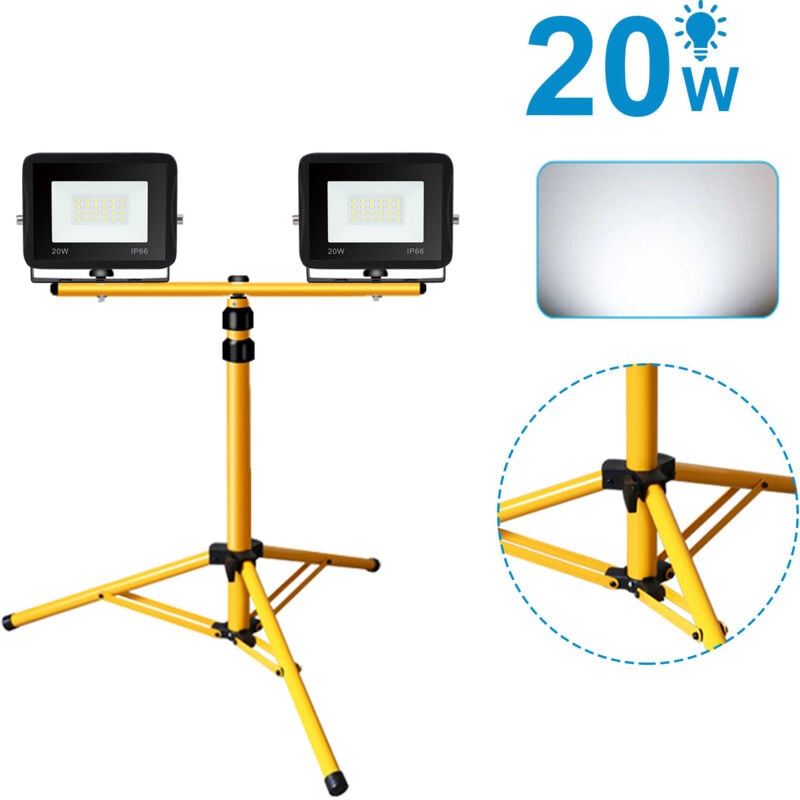 Projecteur de chantier à led IP66 Projecteur led extérieur avec trépied 2X20W blanc froid - Swanew