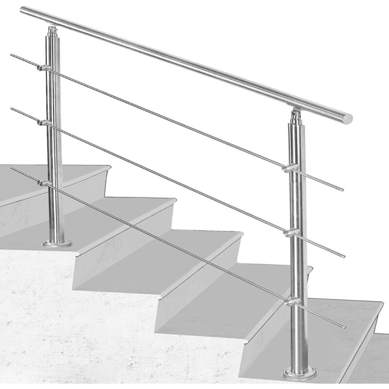 Rampe d'escalier acier inoxydable main courante balustrade Garde-corps argenté 180 cm 3 crossbars