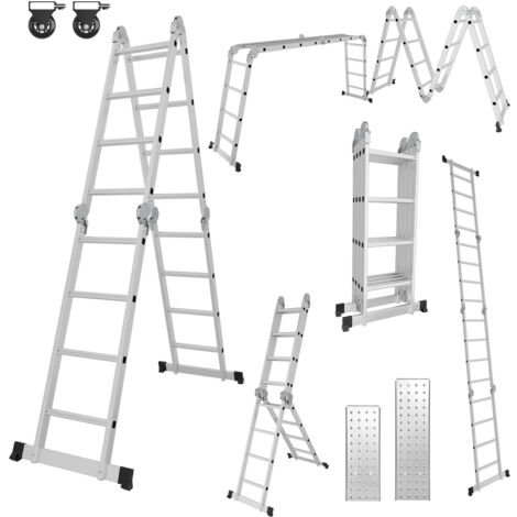 SWANEW Scala multifunzione in alluminio,scala multifunzione 470cm, scala pieghevole 6 in 1 con 2 rotelle e piattaforma, scala multifunzione pieghevole 4 x 4 argento fino a 150KG