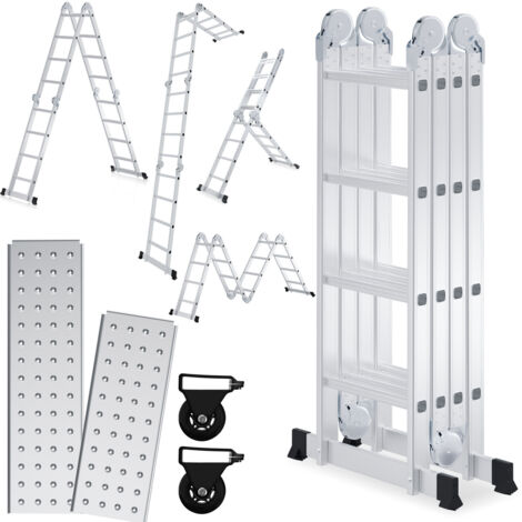 SWANEW Scala multifunzione in alluminio,scala multifunzione 470cm, scala pieghevole 6 in 1 con 2 rotelle e piattaforma, scala multifunzione pieghevole 4 x 4 argento fino a 150KG