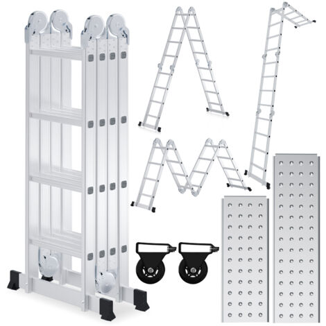 SWANEW Scala multifunzione in alluminio,scala multifunzione 470cm, scala pieghevole 6 in 1 con 2 rotelle e piattaforma, scala multifunzione pieghevole 4 x 4 argento fino a 150KG
