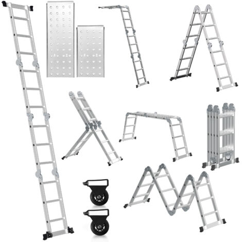 SWANEW Scala multifunzione in alluminio,scala multiuso 360cm, scala pieghevole 6 in 1 con 2 ruote e piattaforma, scala multiuso pieghevole 4 x 3 argento fino a 150KG