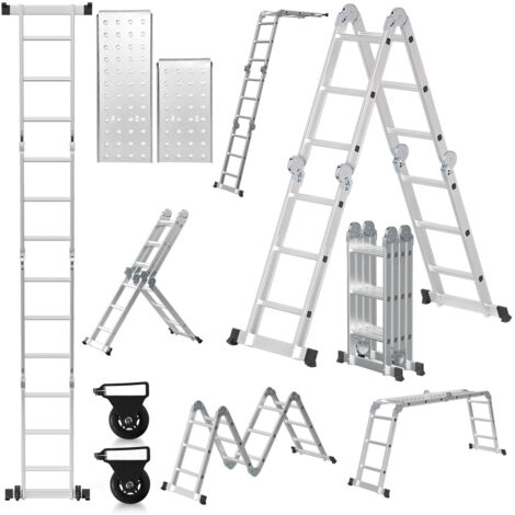 SWANEW Scala multifunzione in alluminio,scala multiuso 360cm, scala pieghevole 6 in 1 con 2 ruote e piattaforma, scala multiuso pieghevole 4 x 3 argento fino a 150KG