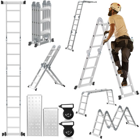 SWANEW Scala multifunzione in alluminio,scala multiuso 360cm, scala pieghevole 6 in 1 con 2 ruote e piattaforma, scala multiuso pieghevole 4 x 3 argento fino a 150KG
