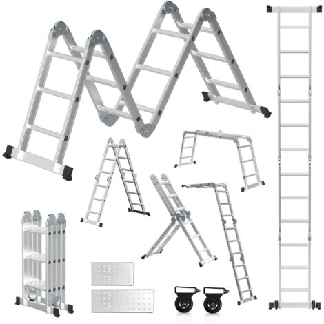 SWANEW Scala multifunzione in alluminio,scala multiuso 360cm, scala pieghevole 6 in 1 con 2 ruote e piattaforma, scala multiuso pieghevole 4 x 3 argento fino a 150KG