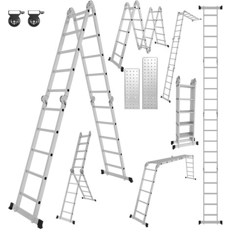 SWANEW Scala multiuso 582 cm, scala pieghevole 6 in 1 con 2 rotelle e piattaforma, scala multiuso pieghevole 4 x 5 argento fino a 150 kg