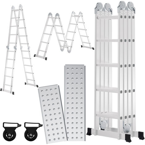 SWANEW Scala multiuso 582 cm, scala pieghevole 6 in 1 con 2 rotelle e piattaforma, scala multiuso pieghevole 4 x 5 argento fino a 150 kg