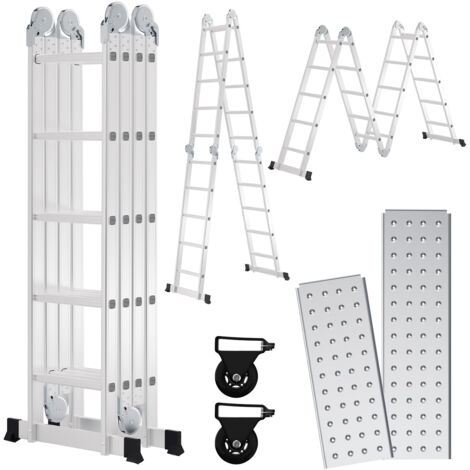 SWANEW Scala multiuso 582 cm, scala pieghevole 6 in 1 con 2 rotelle e piattaforma, scala multiuso pieghevole 4 x 5 argento fino a 150 kg
