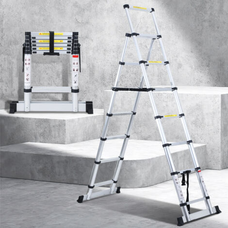 SWANEW Scala telescopica 1.7m+2.0m fino a 150 kg Scala a gradini stabile in alluminio Con trave di equilibrio carico massimo 150 kg