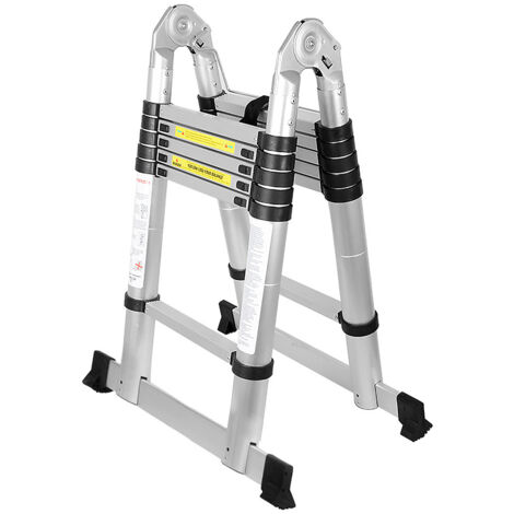 SWANEW Scala telescopica Alu Argento Scala pieghevole 1,9M+1,9M A Quadro Scala con barra di sostegno Scala in alluminio Estensibile Scala scorrevole Antiscivolante Scala multiuso che può sopportare fi
