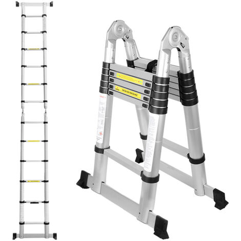 SWANEW Scala telescopica Alu Argento Scala pieghevole 1,9M+1,9M A Quadro Scala con barra di sostegno Scala in alluminio Estensibile Scala scorrevole Antiscivolante Scala multiuso che può sopportare fi