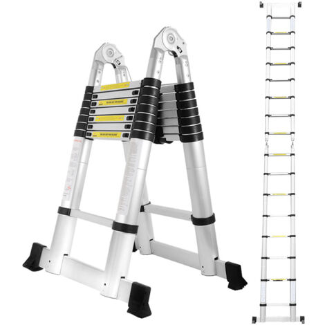 SWANEW Scala telescopica Alu Argento Scala pieghevole 2.5M+2.5M A Scala a telaio con barra di sostegno Scala in alluminio Estensibile Scala scorrevole Antiscivolante Scala multiuso Carico fino a 150 k