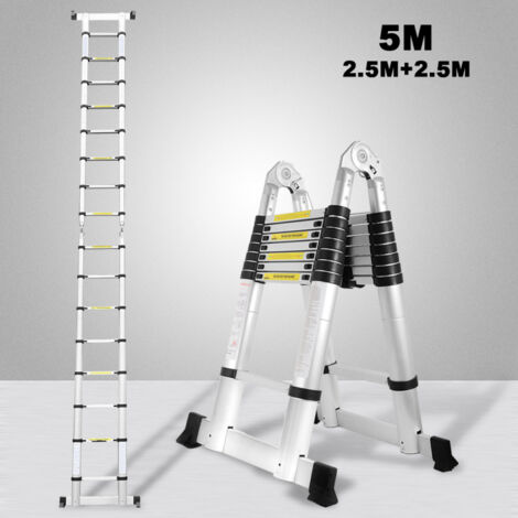 SWANEW Scala telescopica Alu Argento Scala pieghevole 2.5M+2.5M A Scala a telaio con barra di sostegno Scala in alluminio Estensibile Scala scorrevole Antiscivolante Scala multiuso Carico fino a 150 k