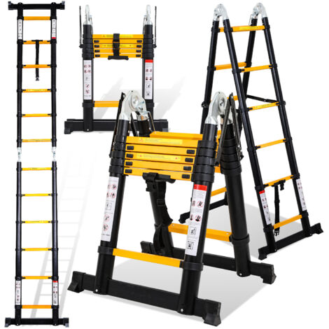 SWANEW Scala telescopica Alu nero Scala pieghevole 1,9M+1,9M A Scala a telaio con barra di sostegno Scala in alluminio Estensibile Scala scorrevole Antiscivolante Scala multiuso Carico fino a 150 kg