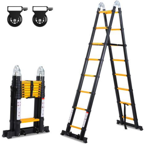 SWANEW Scala telescopica Alu nero Scala pieghevole 2.5M+2.5M Scala a telaio con barra di sostegno Scala in alluminio estensibile Scala scorrevole antiscivolo Scala multiuso carico fino a 150 kg