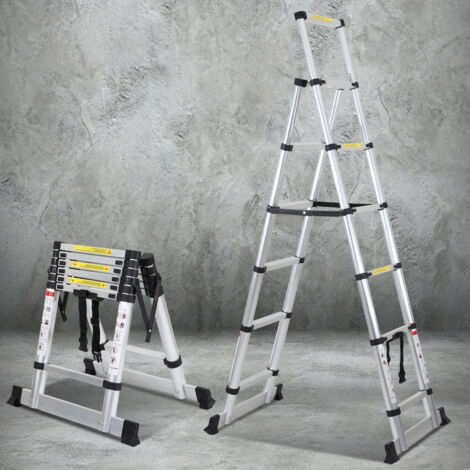 SWANEW Scala telescopica fino a 150 kg Scala a gradini stabile in alluminio Con trave d'equilibrio 1.7m+2.0m