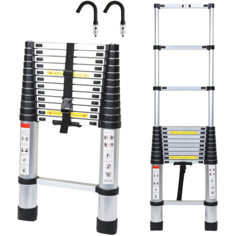 SWANEW Scala telescopica in alluminio multiuso 3.8Scala telescopica in alluminio Stabile Scalable fino a 150kg Argento con gancio