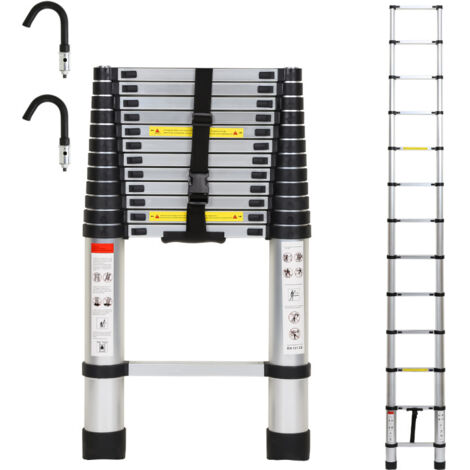 SWANEW Scala telescopica in alluminio multiuso 3.8Scala telescopica in alluminio Stabile Scalable fino a 150kg Argento con gancio