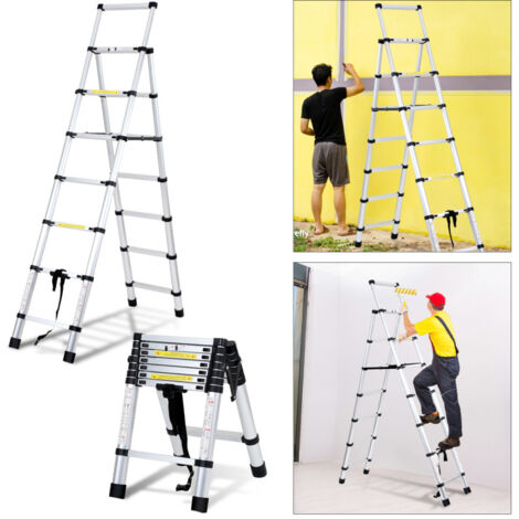 SWANEW Scala telescopica in alluminio Scala multiuso 2.0M+2.3M Scala a scorrimento Scala pieghevole Stabile Con barra di pesata Scala in alluminio fino a 150kg Argento
