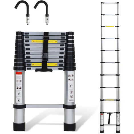 SWANEW Scala telescopica Scala in alluminio multiuso 3.2M Scala Stabile Scala in alluminio fino a 150kg Argento con gancio