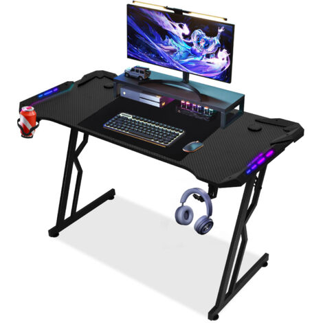 SWANEW Scrivania da gioco 140 x 60 cm, scrivania da gioco con piano in fibra di carbonio, tavolo da gioco ergonomico, nero