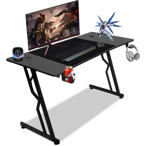 SWANEW Scrivania da gioco ergonomica Z-Form 120x60cm Tavolo da gioco con foro, portabicchieri e gancio per cuffie (senza LED)