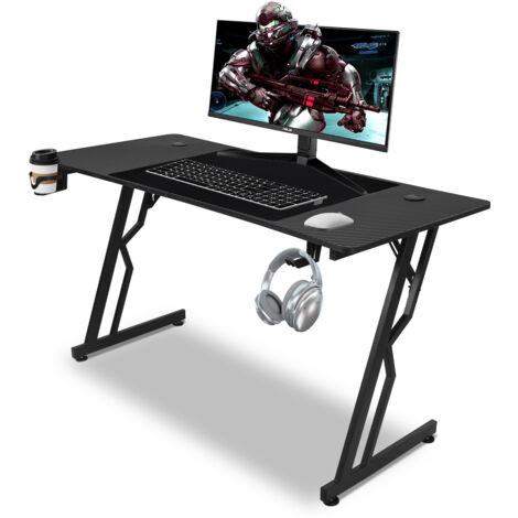 SWANEW Scrivania da gioco Tavolo da gioco 120x60cm per PC Gamer con tappetino per mouse, portabicchieri e gancio adatto all'ufficio di casa - senza LED