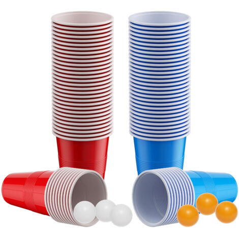 SWANEW Set da gioco di birra pong con 10 palline, 50 bicchieri di plastica blu e 50 rossi riutilizzabili per feste e matrimoni