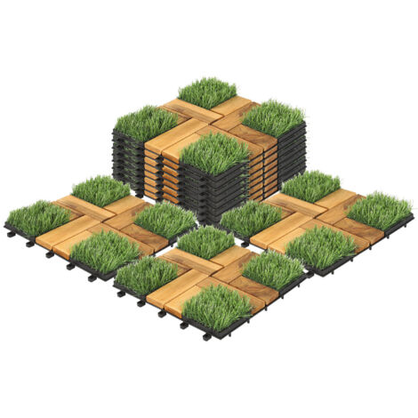SWANEW Set di 55 piastrelle in legno per terrazze con erba sintetica 5 m², 30 x 30 cm, piastrelle a incastro