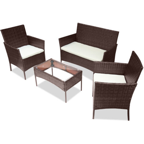 SWANEW Set di mobili da giardino in polyrattan - Set di mobili da balcone con tavolo, divano e 2 sedie - Gruppo di sedute 4 persone marrone con cuscini