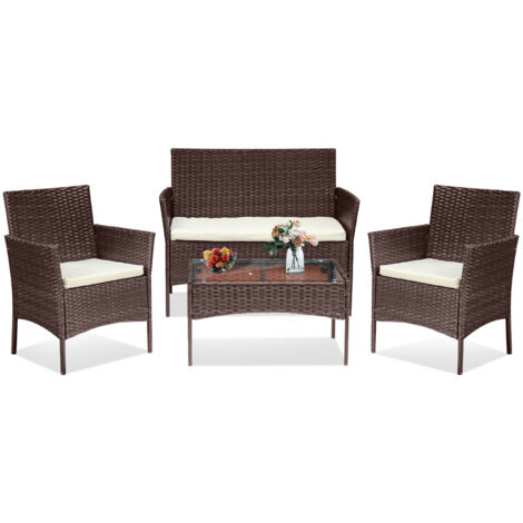 SWANEW Set di mobili da giardino in polyrattan - Set di mobili da balcone con tavolo, divano e 2 sedie - Gruppo di sedute 4 persone marrone con cuscini
