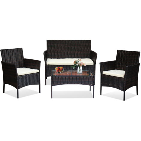 SWANEW Set di mobili da giardino in polyrattan - Set di mobili da balcone con tavolo, divano e 2 sedie - Gruppo di sedute 4 persone nero con cuscini