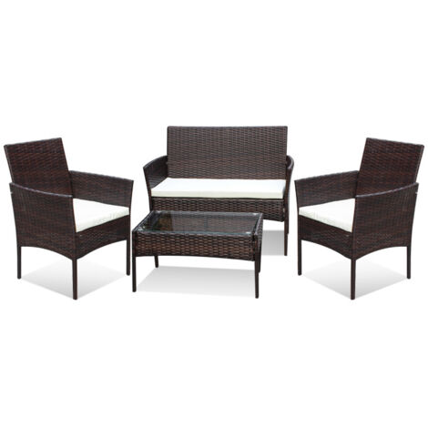SWANEW Set di mobili da giardino in resina intrecciata - 4 posti - Divano + Poltrona + Tavolo + Cuscini per seduta Marrone