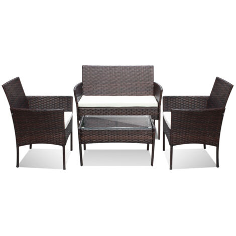 SWANEW Set di mobili da giardino in resina intrecciata - 4 posti - Divano + Poltrona + Tavolo + Cuscini per seduta Marrone